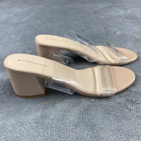 10 Streetwear Society Nude Clear Strap Block Heel Slide‎ Sandals Size 10 - Picture 2 of 8